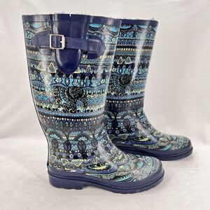 Sakroots One World Blue Elephant Peace Boho Faux Fur Lined Tall Rain Boot Size 7